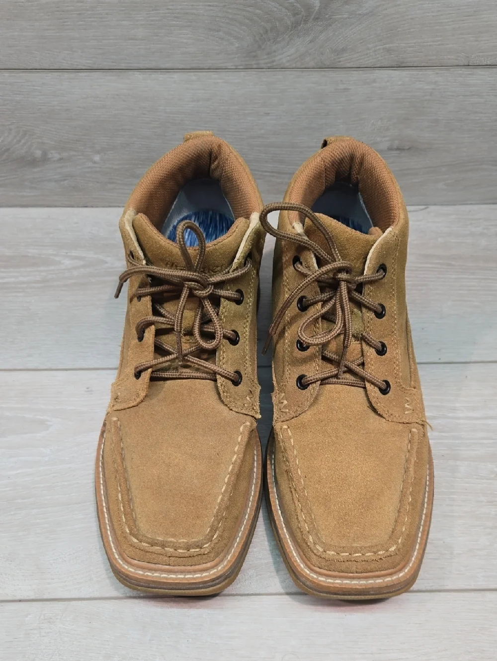 Vintage Wrangel Men's Suede Moc Square Toe Lace-Up Boots in Chestnut Sz 8.5M